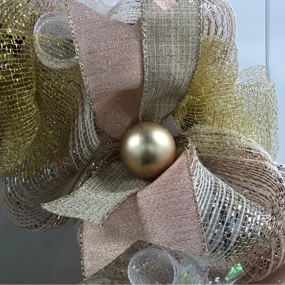 Rose Gold Gnome Deco Mesh Wreath Christmas Iridescent Cream Pink Ornaments Bows